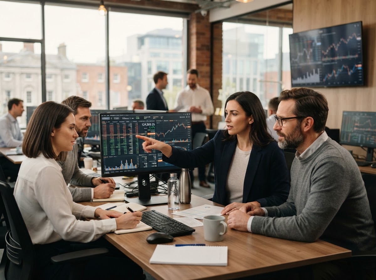 BitKeltTrade analysts reviewing predictive market data on screen
